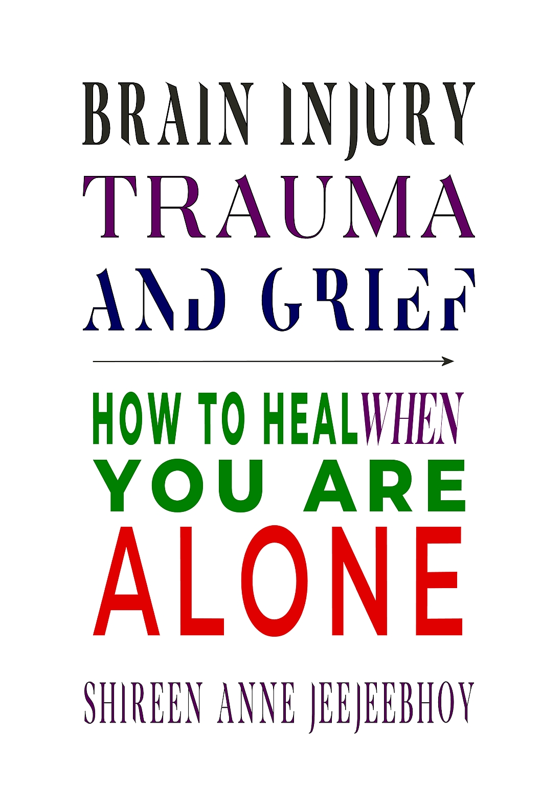 Cover. Words on white background. Brain Injury Trauma and Grief. How to Heal When You Are Alone. Shireen Anne Jeejeebhoy