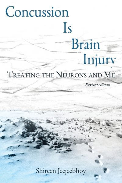 Cover. Concussion Is Brain Injury: Treating the Neurons and Me. Background is footsteps across a snowy landscape of frozen waves.