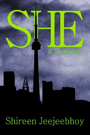 Cover. Purple background. Black cityline of CN Tower and Toronto. Green letters of SHE.